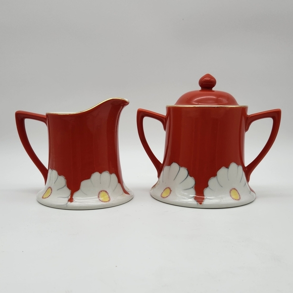 Anthropologie Grace White Daisy Cream Pitcher & Sugar Bowl  Gold Trim. - Picture 1 of 10